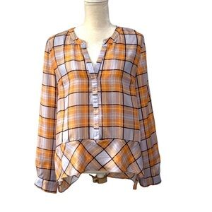 Sundance Mondrain Silk‎ Plaid Blouse Blue Size Large Pullover Long Sleeve
